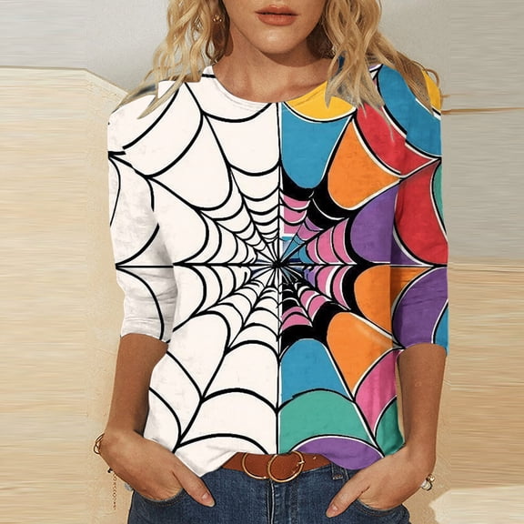 CLOISE Halloween Tee Shirts for Women Fashion Halloween Cobweb Print Shirts 3/4 Sleeve Round Neck Blouses Basic Casual Oversized Tees Spooky Holiday Clothes Winter Gift