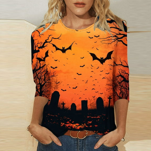 CLOISE Halloween Tee Shirts for Women Fashion Halloween Bat Graphic Shirts 3/4 Sleeve Crew Neck Blouses Basic Casual Oversized Tees Spooky Festival Clothes Gift