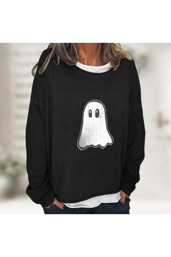 Halloween Tee Shirts for Women Fashion Halloween Ghost Graphic Blouses Long Sleeve Crew Neck Tees Fake Two Piece Basic Casual Comfy Tops Festival Outfits Halloween Gift