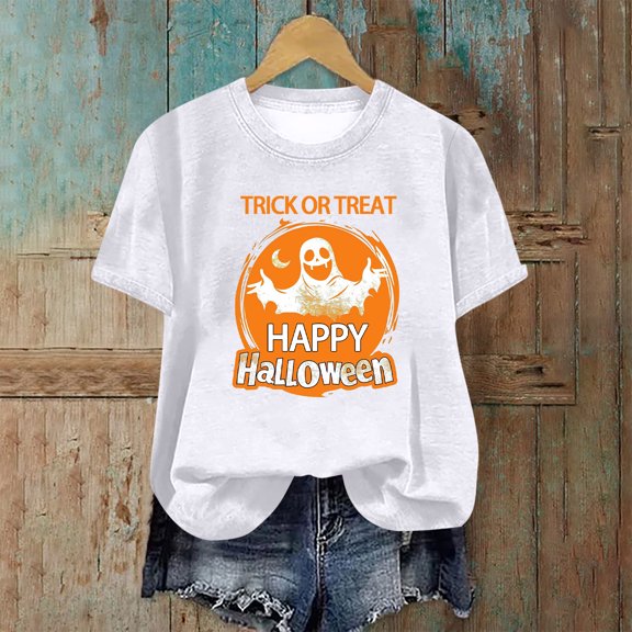 CLOISE Halloween Tee Shirts for Women Fashion Halloween Ghost Printed Tops Short Sleeve Scoop Neck Shirts Basic Casual Comfy Blouses Boo Season Outfits Gift