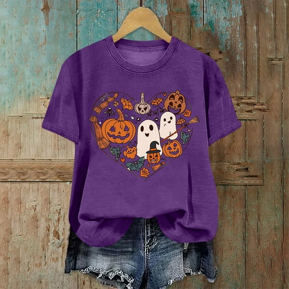 CLOISE Halloween Tee Shirts for Women Fashion Halloween Pumpkin Ghost Printed Blouses Short Sleeve Crewneck Tees Basic Casual Comfy Tops Boo Holiday Clothes Fall Gift