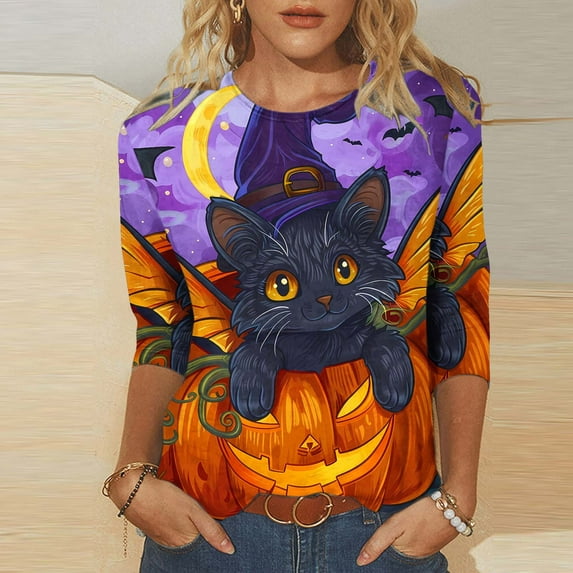CLOISE Halloween Tee Shirts for Women Fashion Halloween Pumpkin Printed Tees 3/4 Sleeve Crewneck Tops Basic Casual Oversized Shirts Spooky Season Clothes Halloween Gift