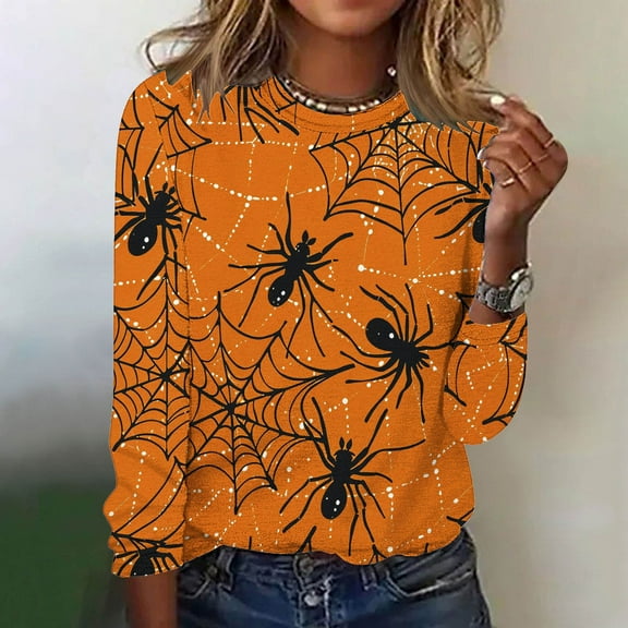 CLOISE Halloween Tee Shirts for Women Fashion Halloween Spider Printed Tees Long Sleeve Crew Neck Tops Basic Casual Oversized Shirts Spooky Party Outfits Fall Gift