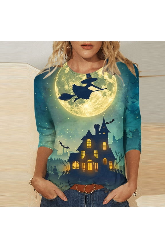 Halloween Tee Shirts for Women Fashion Halloween Witch Printed Tops 3/4 Sleeve Round Neck Shirts Basic Casual Comfy Blouses Boo Party Outfits Winter Gift