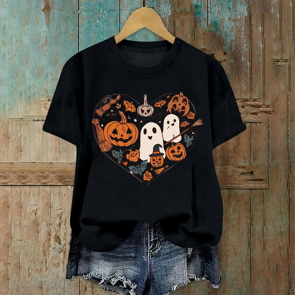 CLOISE Halloween Tops for Women Plus Size Trendy Halloween Pumpkin Ghost Graphic Blouses Short Sleeve Crewneck Tees Basic Loose Oversized Tops Spooky Holiday Clothes Fall Gift
