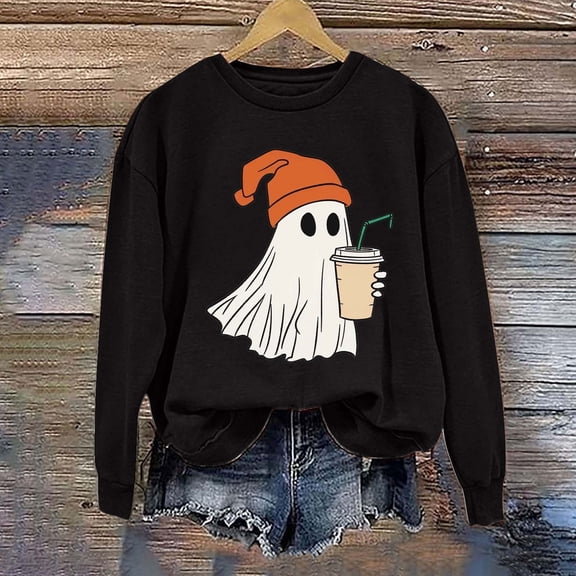 CLOISE Halloween Women Sweatshirt Fashion Ghost Graphic Pullover Sweatshirts Fall Long Sleeve Crew Neck Hoodies Shirts Casual Tops Festival Party Clothes Black XL Trick