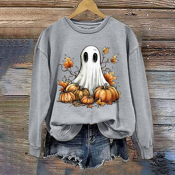 CLOISE Halloween Women Sweatshirt Funny Ghost Graphic Pullover Sweatshirts Fall Long Sleeve Crewneck Hoodies Shirts Loose Blouses Holiday Party Outfits Gray S Treat