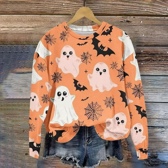 CLOISE Halloween Women Sweatshirt Funny Ghost Graphic Pullover Sweatshirts Fall Long Sleeve Crewneck Hoodies Shirts Loose Drop Shoulder Blouses Holiday Party Outfits Khaki M Trick