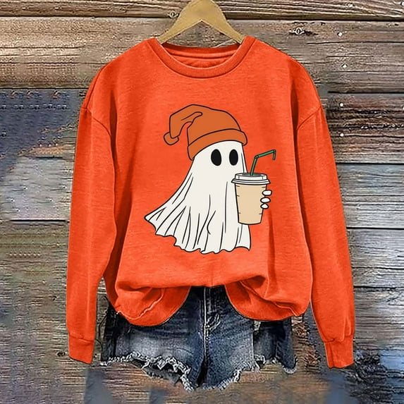 CLOISE Halloween Women Sweatshirt Funny Ghost Print Oversized Sweatshirts Fall Long Sleeve Round Neck Hoodies Shirts Soft Tees Festival Gift Clothes Orange L Spooky