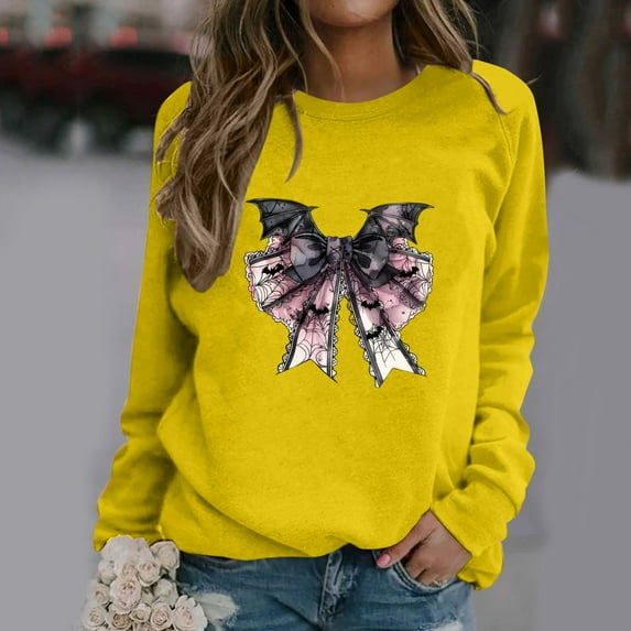 CLOISE Halloween Women Sweatshirt Funny Halloween Print Pullover Sweatshirts Fall Long Sleeve Round Neck Hoodies Shirts Comfy Raglan Tees Festival Gift Clothes Yellow 2XL Treat