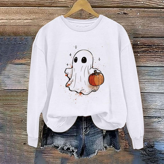 CLOISE Halloween Women's Sweatshirts Fashion Ghost Print Oversized Sweatshirts Fall Long Sleeve Crew Neck Hoodies Shirts Casual Blouses Holiday Gift Outfits White XL Trick