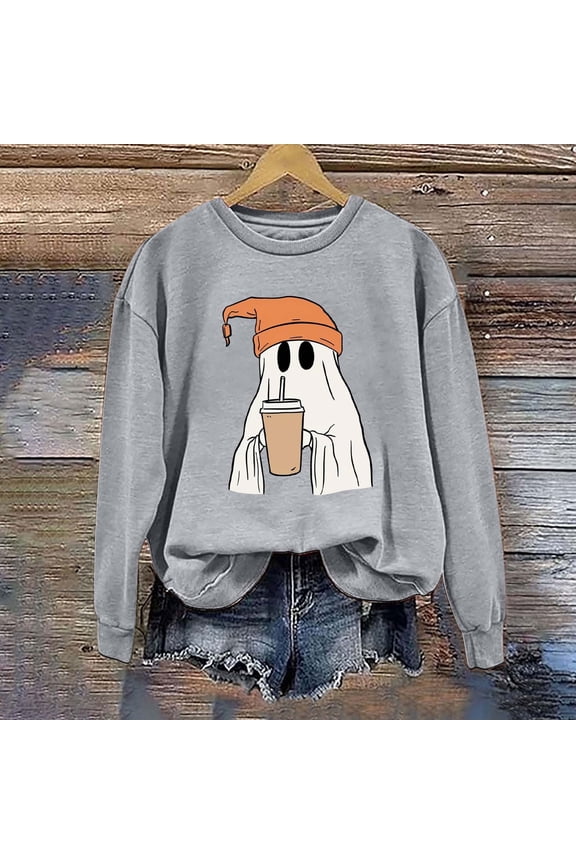 Halloween Women's Sweatshirts Fashion Ghost Print Pullover Sweatshirts Fall Long Sleeve Crew Neck Hoodies Shirts Casual Blouses Holiday Gift Clothes Gray XL Spooky