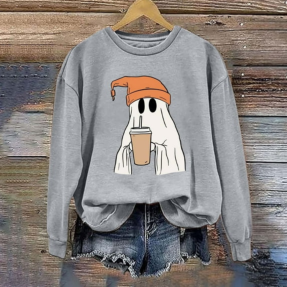CLOISE Halloween Women's Sweatshirts Fashion Ghost Print Pullover Sweatshirts Fall Long Sleeve Crew Neck Hoodies Shirts Casual Blouses Holiday Gift Clothes Gray XL Spooky