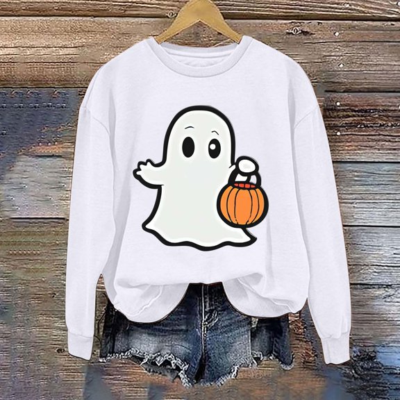 CLOISE Halloween Women's Sweatshirts Trendy Ghost Graphic Oversized Sweatshirts Fall Long Sleeve Round Neck Hoodies Shirts Loose Tees Halloween Gift Outfits White S Boo