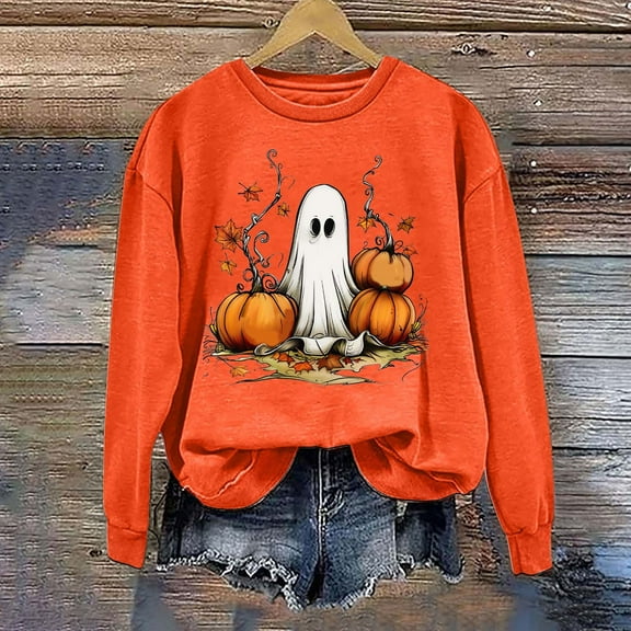 CLOISE Halloween Women's Sweatshirts Trendy Ghost Print Pullover Sweatshirts Fall Long Sleeve Crewneck Hoodies Shirts Loose Tops Halloween Party Clothes Orange S Boo