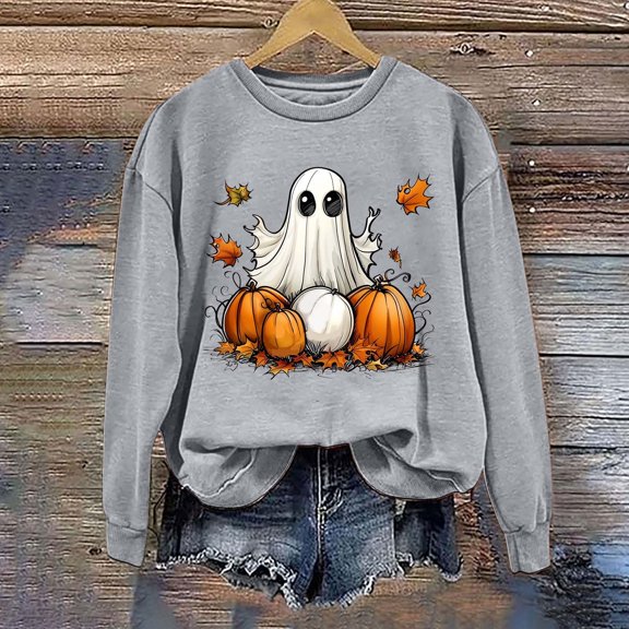 CLOISE Halloween Womens Sweatshirt Fashion Ghost Print Oversized Sweatshirts Fall Long Sleeve Crew Neck Hoodies Shirts Comfy Blouses Holiday Gift Clothes Gray M Spooky