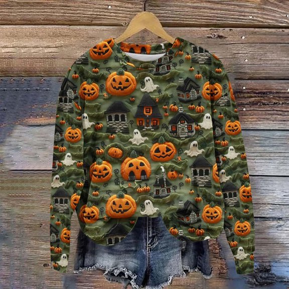 CLOISE Halloween Womens Sweatshirt Fashion Pumpkin Print Oversized Sweatshirts Fall Long Sleeve Crew Neck Hoodies Shirts Loose Blouses Holiday Gift Outfits Orange M Trick