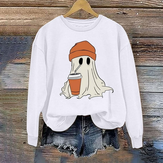 CLOISE Halloween Womens Sweatshirt Trendy Ghost Graphic Pullover Sweatshirts Fall Long Sleeve Round Neck Hoodies Shirts Tunic Tees Halloween Gift Clothes White XS Trick