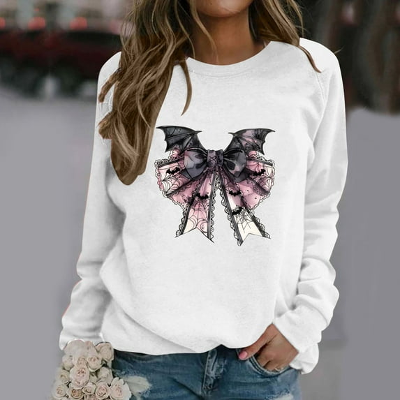 CLOISE Halloween Womens Sweatshirt Trendy Halloween Print Oversized Sweatshirts Fall Long Sleeve Crewneck Hoodies Shirts Tunic Raglan Tops Halloween Party Clothes White XL Treat