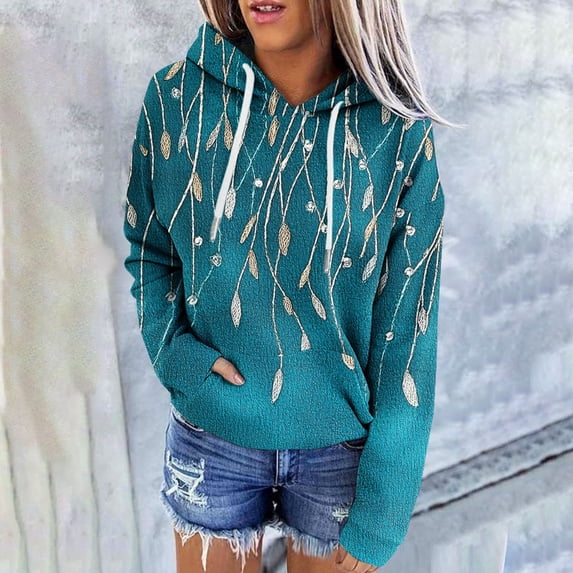 CLOISE Hoodie for Women Pullover Long Raglan Sleeve Sweatshirts Floral Tops Fleece Loose Trendy Fall Outfits Outdoor Navy XL