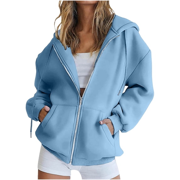 CLOISE Hoodies for Women Zip up Plus Size Long Sleeve Sweatshirts Solid Color Tops Fleece Lining Loose Casual Outdoor Fall Clothing with Pockets Light Blue XL
