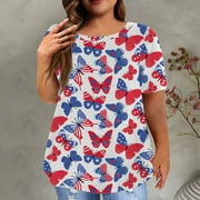 CLOISE Independence Day Short Sleeve Womens Tops Plus Size Independence Day Fashion Short Sleeve Floral Printed Round-Neck Over Sized Tops Summer T-Shirt Blouse Sky Blue 3XL