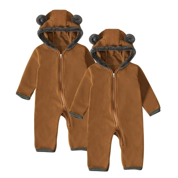 CLOISE Infant Bodysuit Long Sleeve with Bear Ears Hoodie Fleece 2 Pack Button Long Sleeve Shaped Solid Rompers Brown 0-24 Months
