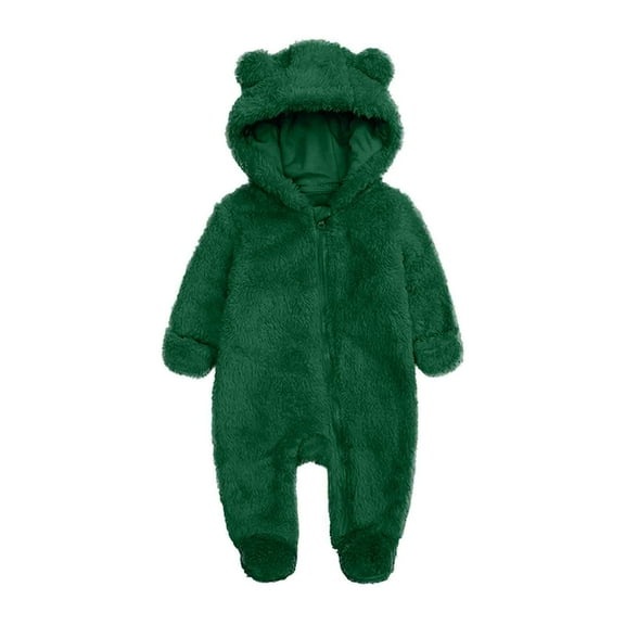 CLOISE Infant One Piece Jumpsuit with Bear Ears Hoodie Fleece Zipper Long Sleeve Shaped Solid Bodysuit Green 6 Months
