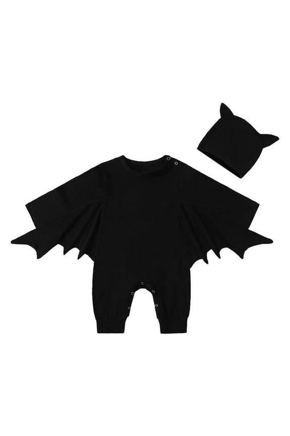 Infant One Piece Jumpsuit with Hat Halloween Cotton Button Long Sleeve Bat Shaped Solid Bodysuit Black 0-18 Months