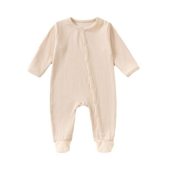 CLOISE Infant One Piece Pajamas Cotton Button Long Sleeve Solid Bodysuit Beige 3-18 Months