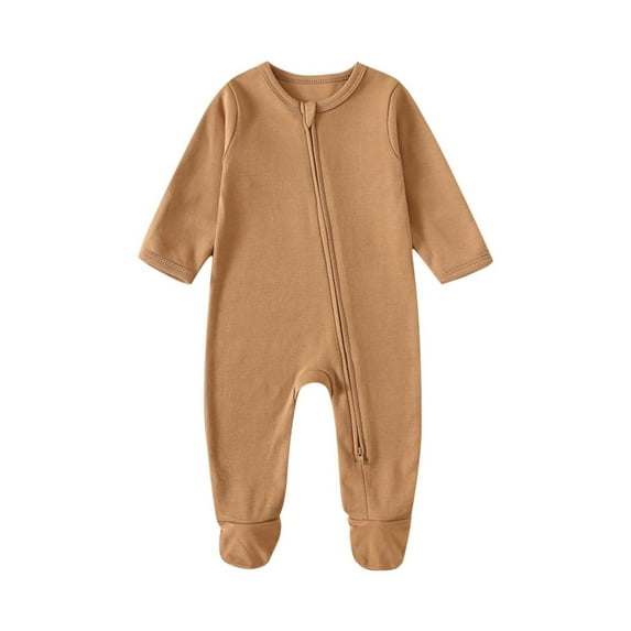 CLOISE Infant One Piece Pajamas Cotton Zipper Long Sleeve Solid Bodysuit Coffee 3-18 Months