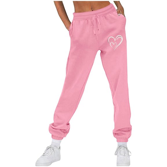 CLOISE Jogger Sweatpants for Women Baggy Fleece Jogger Pants Comfy Pull on Low Rise Elastic Bottom Pants Pink Active Elastic Waist Drawstring Heart Sweatpants with Pockets Classic Sweatpants
