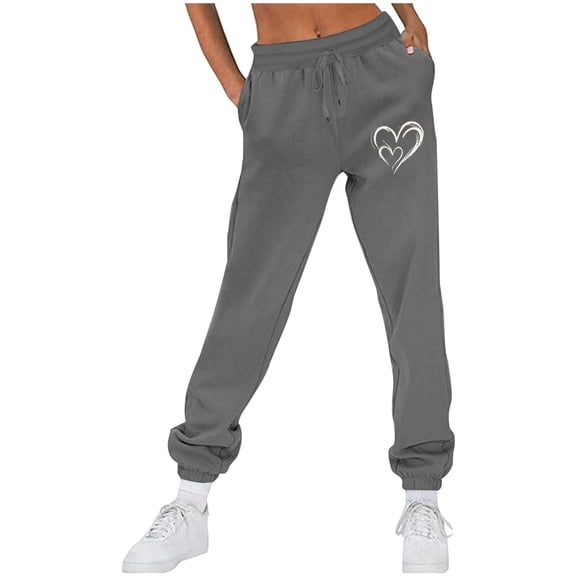 CLOISE Jogger Sweatpants for Women Baggy Fleece Lined Jogger Pants Soft Petite Low Rise Elastic Bottom Trousers Dark Gray Sports Elastic Waist Drawstring Heart Sweatpants with Pockets Classic Pants
