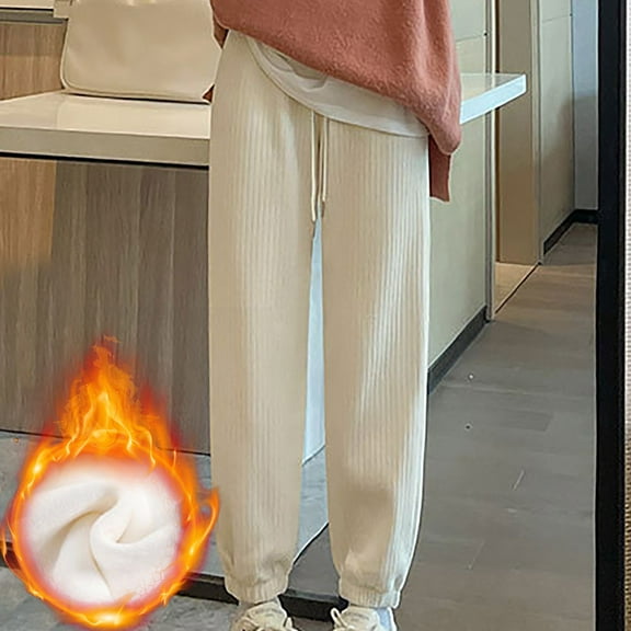 CLOISE Jogger Sweatpants for Women Baggy Fleece Lined Jogger Pants Lounge Petite High Waisted Elastic Bottom Trousers Beige Sports Elastic Waist Drawstring Solid Sweatpants with Pockets Basic Pants
