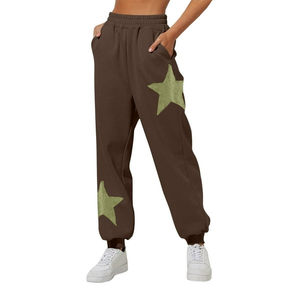 CLOISE Jogger Sweatpants for Women Baggy Jogger Pants Comfort Petite Tall Elastic Bottom Trousers Brown Workout Elastic Waist Star Sweatpants with Pockets Fashion Everyday Long Sweatpants S