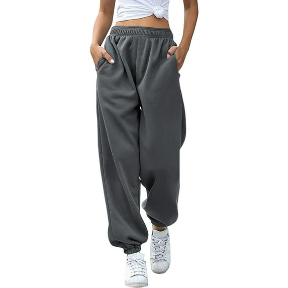 CLOISE Jogger Sweatpants Women Baggy Joggers Loose Petite High Waisted Elastic Bottom Trousers Dark Gray Workout Elastic Waist Drawstring Solid Sweatpants with Pockets Fashion Fall Long Pants