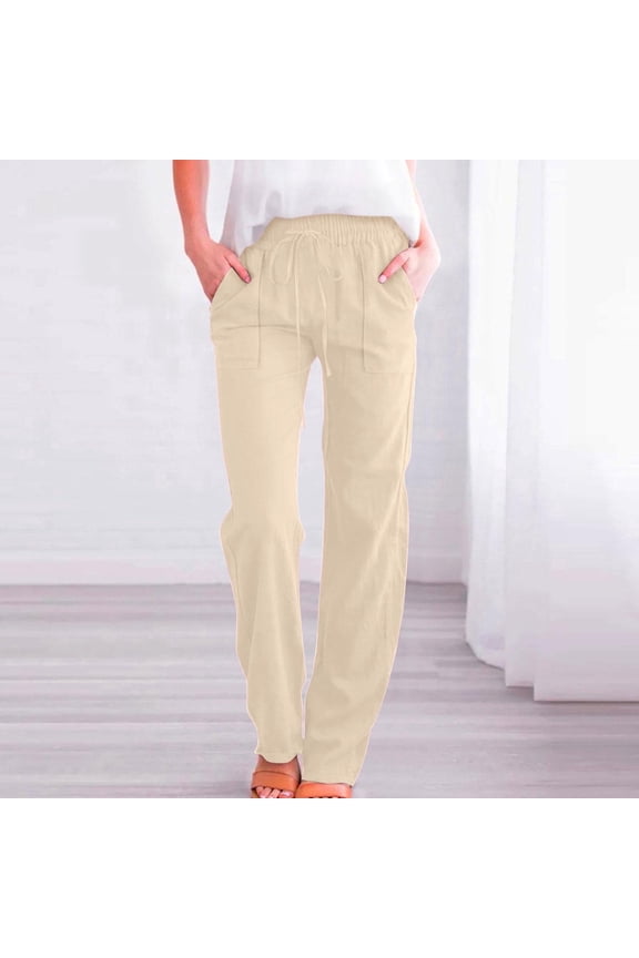 Khaki Pants for Women Drawstring Elastic Waist Cotton Linen Solid Summer Pants with Pockets