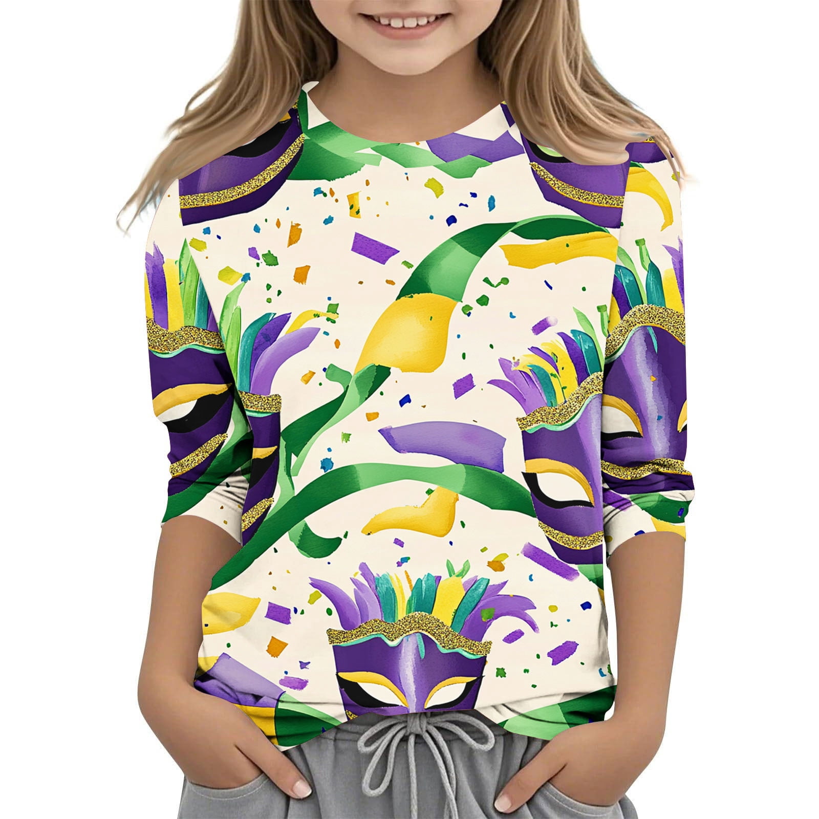 CLOISE Kids 3/4 Sleeve Shirts Boys Girls Youth Mardi Gras Purple Crew ...