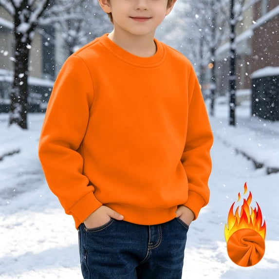 CLOISE Kids Boys Girls Cute Sweatshirts Fleece Lining Cotton Crew Neck Trendy Pullover Solid Color Long Sleeve Cuffed Sleeve Tops Fall Winter Loose Clothes Orange 18 Months