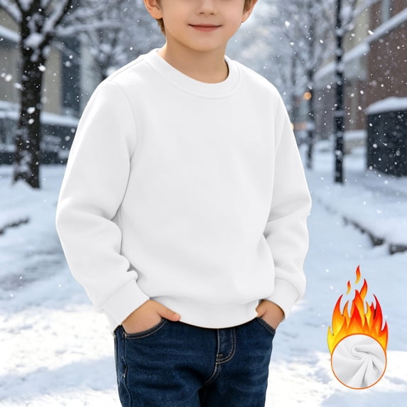 CLOISE Kids Boys Girls Sweatshirts Long Sleeve Fleece Lining Cotton Crew Neck Trendy Pullover Tops Solid Color Cuffed Sleeve Fall Winter Loose Clothing White 8T