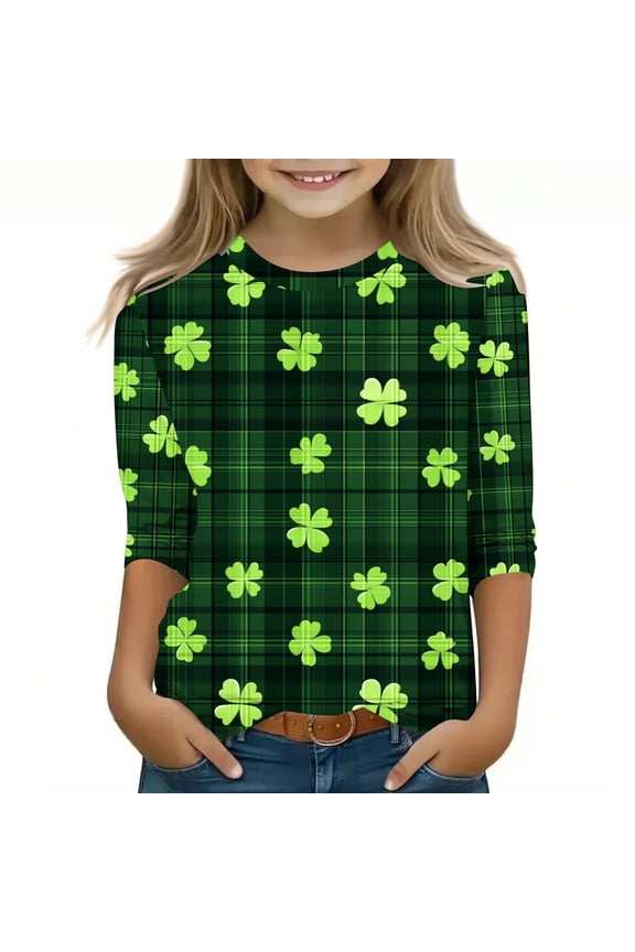 Kids Girls Boys 3/4 Sleeve Tops St Patricks Day Green Shirts Crewneck Holiday Irish Themed Pullover Plaid Holiday Blouses