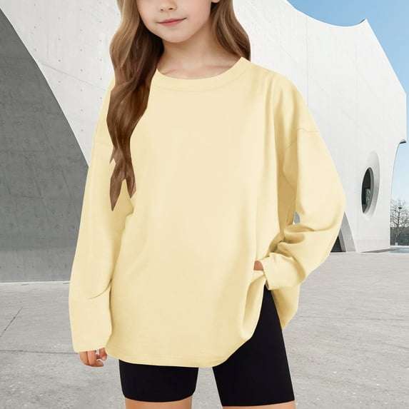 CLOISE Kids Girls Boys Long Sleeve T Shirts Tops Crewneck Casual Pullover Solid Color Loose Blouses Beige 14T