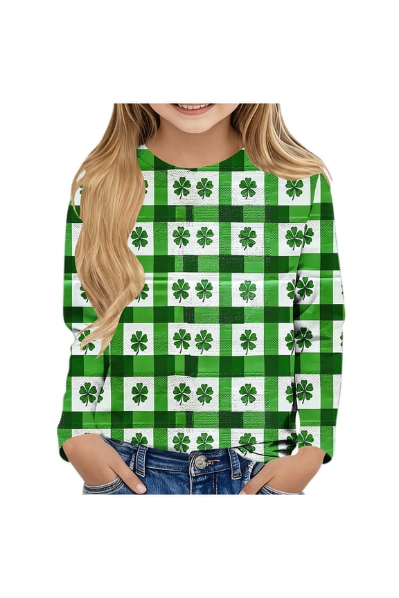 Kids Girls Boys Shirts Long Sleeve St Patricks Day Green Tops Crewneck Holiday Irish Themed Pullover Plaid Holiday Blouses