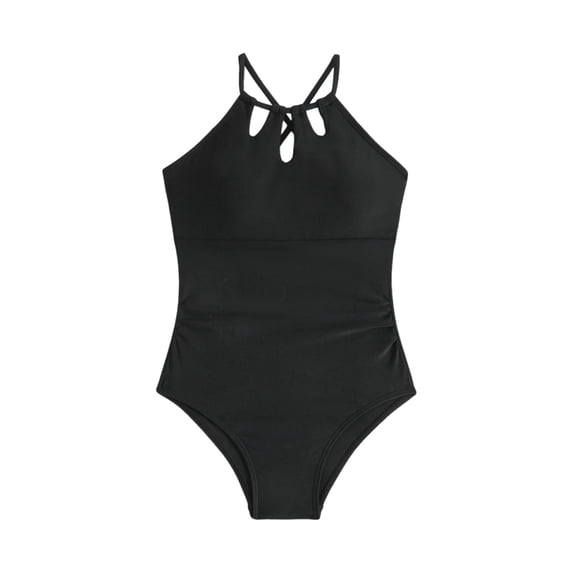 CLOISE Kids Girls Swimsuits 1 Piece Full Coverage Halter Neck Swimwear Crossed Straps Solid Cut Out Vacation Beachwear