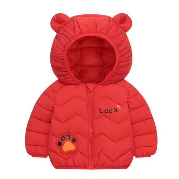 CLOISE Kids Puffer Jacket with Bear Ear Hood Short Down Filled Zipper Pockets Winter Coats Red 90-130