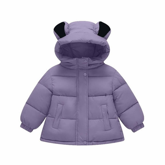 CLOISE Kids Puffer Jacket with Bear Ear Hood Short Fleece Lining Pockets Snowsuit Purple 90-130