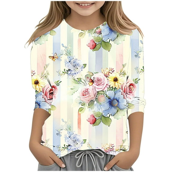 CLOISE Kids Shirts Boys 3/4 Sleeve Girls Youth Crew Neck Tops Floral Outfits Fall Winter Clothes Multicolor 120