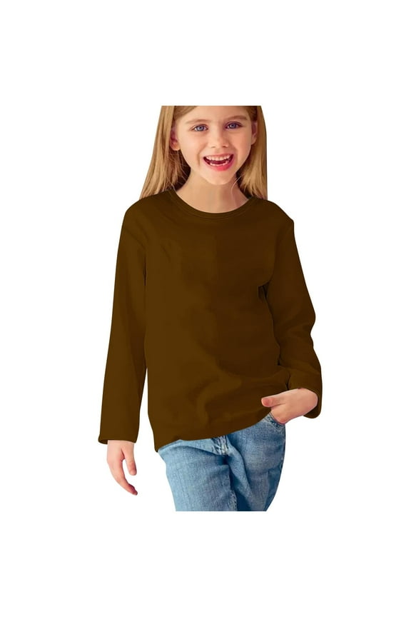 Kids Shirts Boys Long Sleeve Girls Teen Crew Neck Tops Solid Casual Fashion Fall Winter Clothes Brown 13T