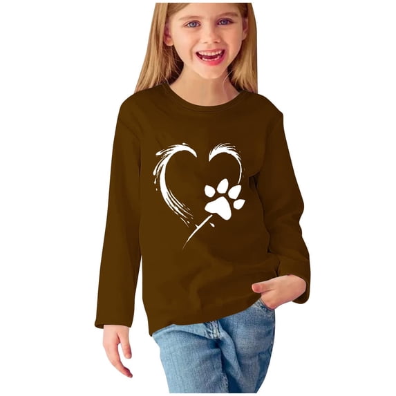 CLOISE Kids Shirts Boys Long Sleeve Girls Youth Crew Neck Tops Heart Outfits Fall Winter Clothes Brown 7T