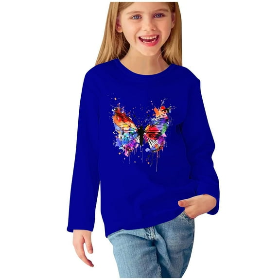 CLOISE Kids Shirts Long Sleeve Boys Girls Toddler Crew Neck Tops Butterfly Outfits Fall Winter Clothes Blue 5T